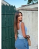 Mavi Kare Yaka Kopçalı Crop