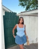 Mavi Kare Yaka Kopçalı Crop