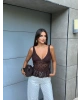 Kahverengi Fırfırlı Güpür Crop