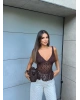 Kahverengi Fırfırlı Güpür Crop