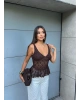 Kahverengi Fırfırlı Güpür Crop