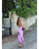 Pembe Sırt Dekolteli Desenli Uzun Elbise