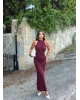 Bordo Halter Yaka Simli Uzun Elbise
