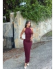 Bordo Halter Yaka Simli Uzun Elbise