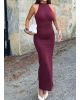 Bordo Halter Yaka Simli Uzun Elbise
