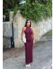 Bordo Halter Yaka Simli Uzun Elbise