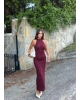 Bordo Halter Yaka Simli Uzun Elbise
