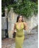 Yeşil Degaje Yaka Premium Uzun Elbise