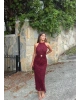 Bordo Halter Yaka Aksesuarlı Güpür Elbise