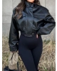 Siyah Cep Detay Deri Crop Ceket