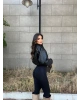 Siyah Cep Detay Deri Crop Ceket
