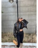 Kahverengi Cep Detay Deri Crop Ceket