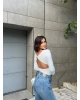 Beyaz Toka Detay Bisiklet Yaka Bodysuit