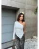 Beyaz Tek Omuz Asimetrik Modal Crop