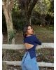 Lacivert Sırt Dekolteli İspanyol Kol Crop