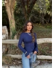 Lacivert Sırt Dekolteli İspanyol Kol Crop