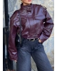 Bordo Cep Detay Deri Crop Ceket