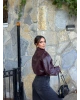 Bordo Cep Detay Deri Crop Ceket