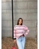 Pembe Polo Yaka Çizgili Sweatshırt