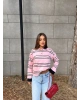 Pembe Polo Yaka Çizgili Sweatshırt