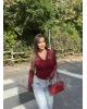 Bordo Polo Yaka Düğmeli Bluz