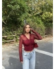 Bordo Polo Yaka Düğmeli Bluz