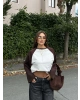 Kahverengi Çift Renk Bisiklet Yaka Sweatshırt
