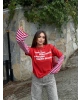 Kırmızı Kolları Çizgili Oversize Sweatshırt