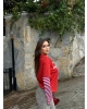 Kırmızı Kolları Çizgili Oversize Sweatshırt