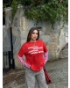 Kırmızı Kolları Çizgili Oversize Sweatshırt