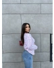 Beyaz Pembe Çizgili Bisiklet Yaka Sweatshırt