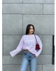 Beyaz Pembe Çizgili Bisiklet Yaka Sweatshırt