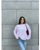 Beyaz Pembe Çizgili Bisiklet Yaka Sweatshırt