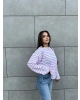 Beyaz Pembe Çizgili Bisiklet Yaka Sweatshırt