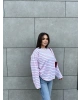 Beyaz Pembe Çizgili Bisiklet Yaka Sweatshırt