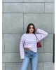 Beyaz Pembe Çizgili Bisiklet Yaka Sweatshırt