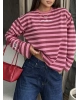 Pembe- Mürdüm Çizgili Nakışlı Sweatshırt