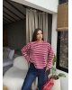 Pembe- Mürdüm Çizgili Nakışlı Sweatshırt