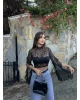 Siyah Kolları Fırfırlı Balıkçı Dantel Bluz