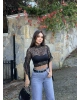 Siyah Kolları Fırfırlı Balıkçı Dantel Bluz