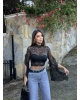 Siyah Kolları Fırfırlı Balıkçı Dantel Bluz