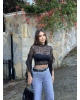 Siyah Kolları Fırfırlı Balıkçı Dantel Bluz