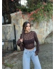Kahverengi Flok Baskılı Tül Bluz