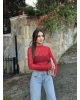 Kırmızı Flok Baskılı Tül Bluz