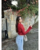 Kırmızı Flok Baskılı Tül Bluz