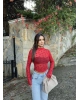Kırmızı Flok Baskılı Tül Bluz