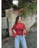 Kırmızı Flok Baskılı Tül Bluz