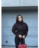 Siyah Mini Kareli Dik Yaka Kaşe Kaban