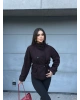 Siyah Mini Kareli Dik Yaka Kaşe Kaban