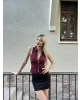 Bordo Polo Yaka Fermuar Detay Bluz